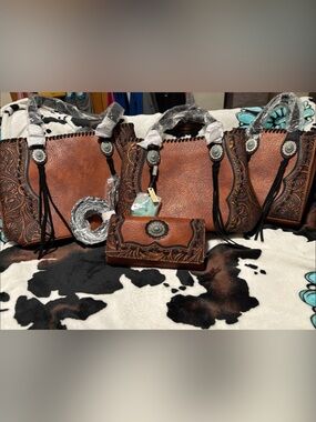 Western Tooled Brown Leather Tote Bag with Turquoise Concho